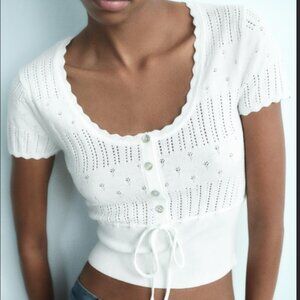 ZARA White Pointelle Knit Button-Front Top | NWT